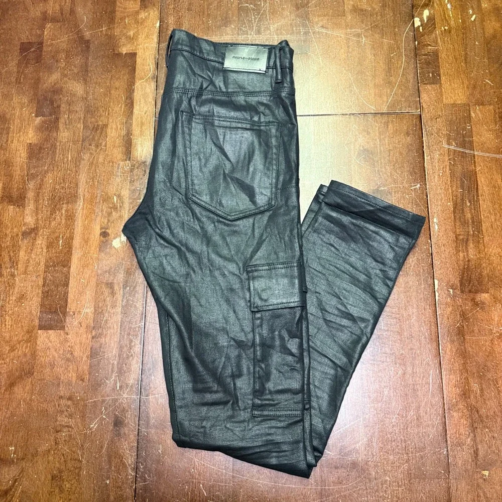 Purple Brand Cargo Pants Mens 34 Black Coated Waxed Slim Fit P002 SS2103JNS